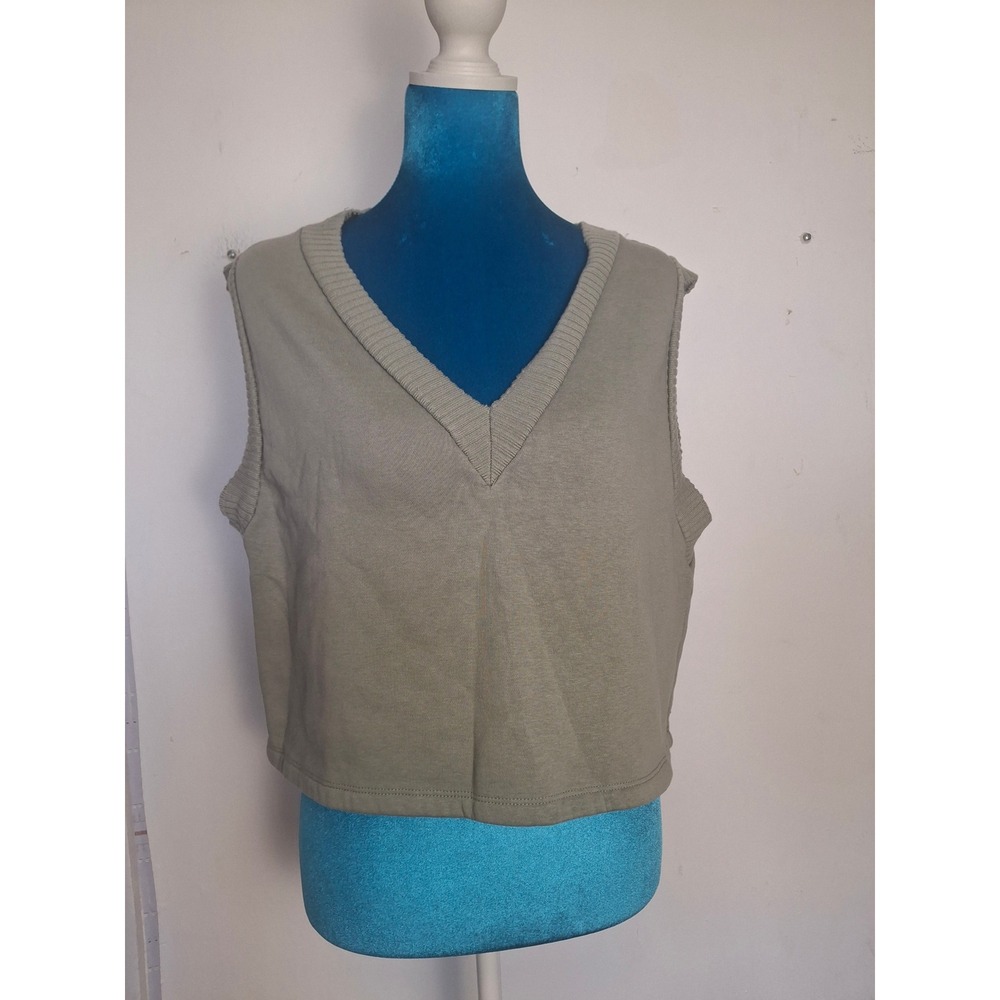 Zara Womens Sage Green V-Neck Fleece Cropped Sweater Vest Size M 1058/156/500